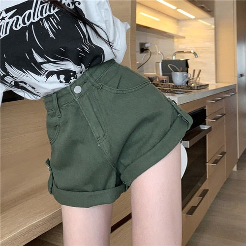 maoxiangshop Shorts Women Loose All-match Retro Green Fashion Empire Ladies Ulzzang Mujer Trouser Summer Solid Simple Student Prevalent New