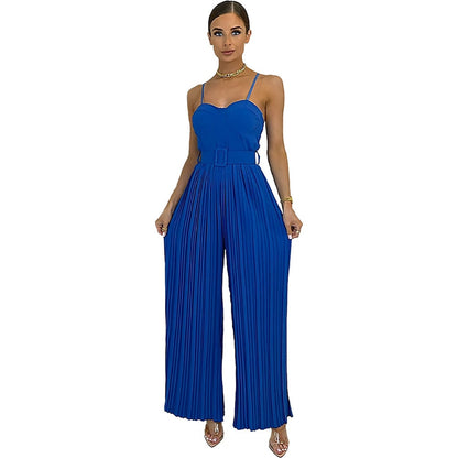 maoxiangshop Summer Casual Suspenders Long Jumpsuit Women Sexy Fashion Solid Sleeveless Sashes Pleated Wide Leg Jumpsuit Orange Female