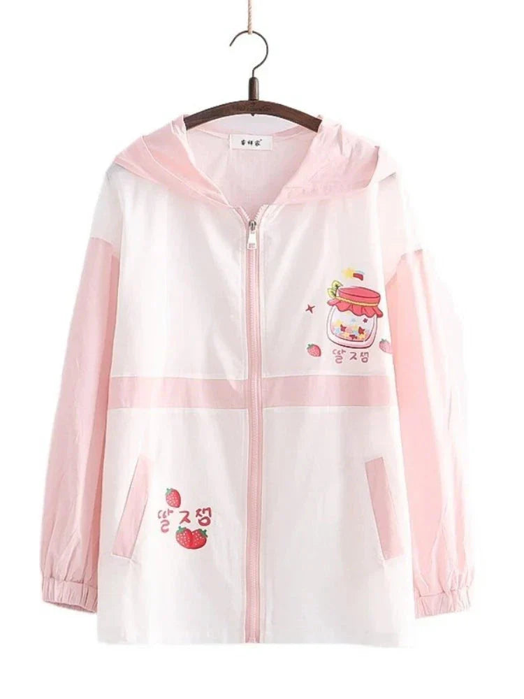 Summer Women Thin Zipper Hooded Jackets Strawberry Print Long Sleeve Harakuju Jacket Sweet Style Female Kawaii Cute Coat