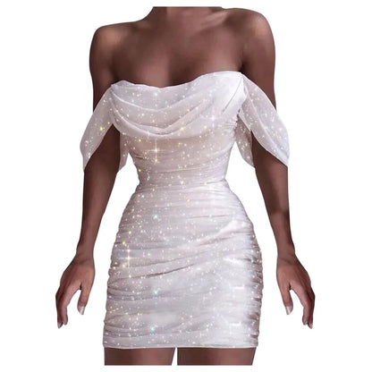 Fall Dresses For Women Sexy Off Shoulder Ruched Glitter Sparkly Sequin Straight Bodycon Slim White Dress Vintage Prom Dress