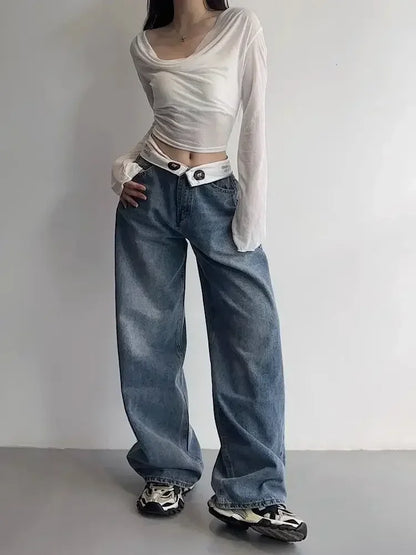 maoxiangshop Vintage Y2k Jeans Women Baggy Kpop Gyaru Streetwear Wide Blue Denim Pants Harajuku Korean Acubi Fashion High Waist Jeans