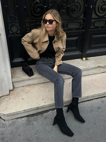 maoxiangshop  -  Autumn Chic Lapel Long Sleeve Cropped Coats Chic Single Breasted Solid Lady Leather Jacket Female High Street Outercoat Tops