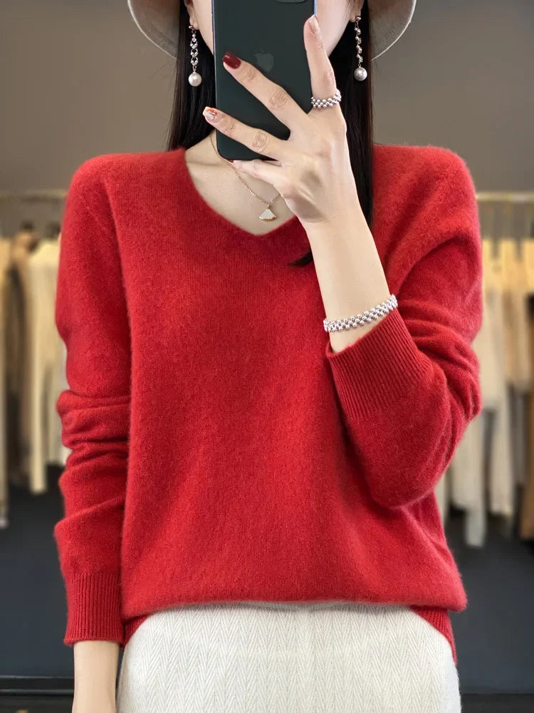 maoxiangshop Pure Wool V-Neck Sweater Women's Short Autumn And Winter All Loose And Thin Pullover Sweater Base Shirt Solid Color Authentic