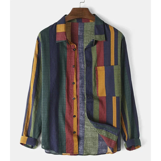 maoxiangshop Spring and Autumn Men's Street Colorful Vertical Stripes Loose Relaxed Polo Collar Single Breasted Long Sleeve Shirt New