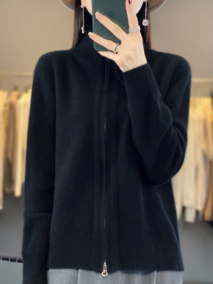 Women's 100% Merino Wool Knitting Sweater Clothing Autumn/Winter Casual Loose Top Fashion Korean Cashmere Large Zipper Jacket