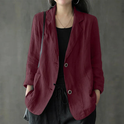 maoxiangshop Vintage Summer Lapel Neck Long Sleeve Work Suits Blazer Women Casual Solid Cotton Blazer Elegant Cardigan Thin Coats