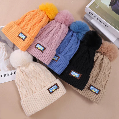 maoxiangshop thicken Fur Pom Knitted Beanies Hat Female Plush Winter Fleece-lined Warm Hats for Women Girl's Outdoor Woolen Thermal Gorro Cap