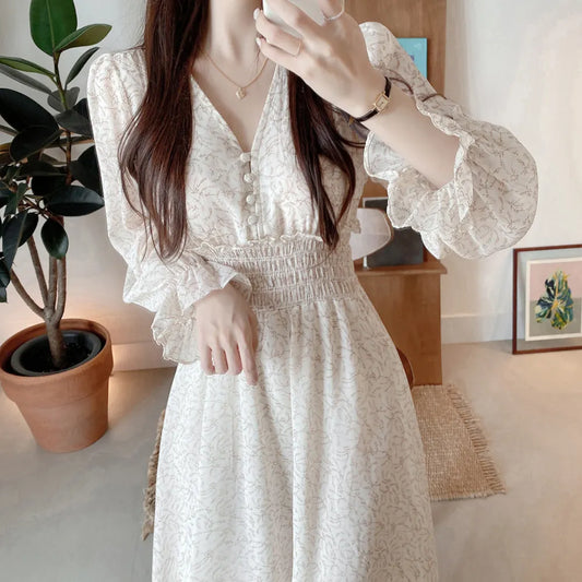 maoxiangshop Korean Floral Print Midi Dresses for Women Summer New Pleated Slim Waist V-neck Long Sleeves Chiffon Sweet Female Clothing