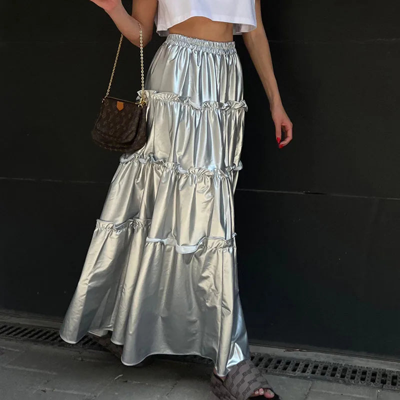 maoxiangshop -  Autumn New Women's Niche Design Silver Metallic High Waist Mid-Length Cake Skirt Vestidos