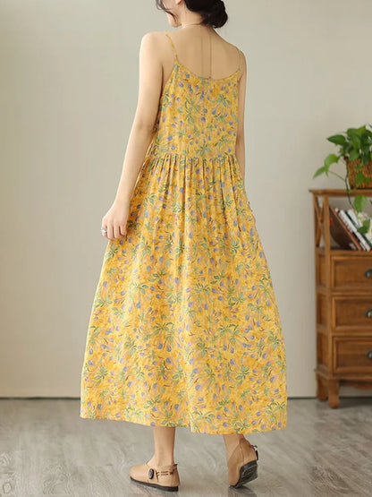 Anteef sleeveless strap cotton vintage floral new in dresses for women casual loose long summer dress elegant clothing 2024