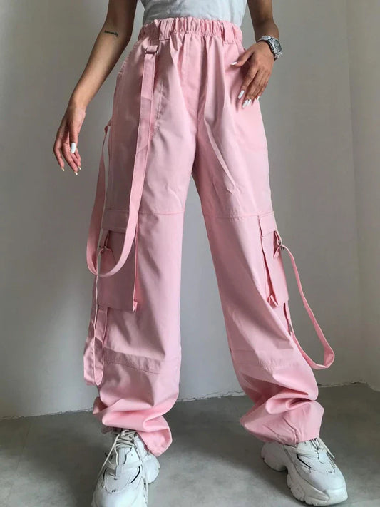 maoxiangshop  -  High Waist Cargo Pants Women Pocket Loose Pink Fashion Baggy Sweatwear Female Autumn Winter Casual Sweatpants Woman