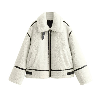 maoxiangshop  -  Winter Warm Lamb Wool Jacket Casual Loose Thick Coat Contrast Color One Piece Faux Fur Jacket Coat Plush Jacket Women