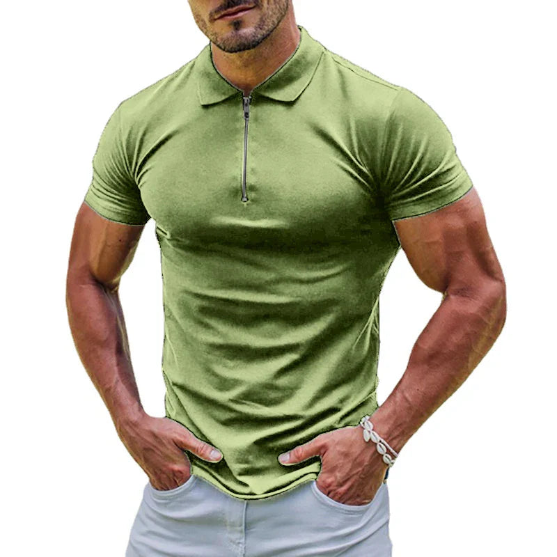 maoxiangshop New Elastic Polos Solid Color Shirt Men's Sports Tshirt Zipper Short Sleeve Slim T-shirt Casual Gym Loose Lapel Basic Tops