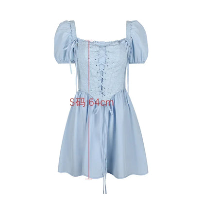 Summer Blue Puff Sleeve Corset Dress Mini Elegant A Line Lace Up Holiday Party Dress Square Neck Women Dress