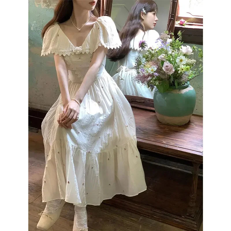 maoxiangshop Vintage Embroider Midi Dresses for Women 2024 Summer Elegant Party Fashion A Line Clothes Holiday Casual Sweet Female Clothing