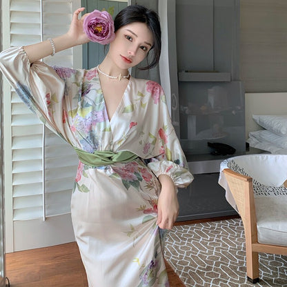 maoxiangshop Printing Midi Bodycon Dress Elegant Japan Style V-Neck Long Half Batwing Sleeve Sashes Floral Maxi Dresses for Women Summer