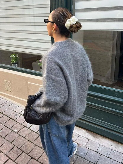 maoxiangshop -  Women Solid O-neck Mohair Knitted Sweater Autumn Fashion Long Sleeve Pullover Jumper Vintage Loose Basic Female Knitwear