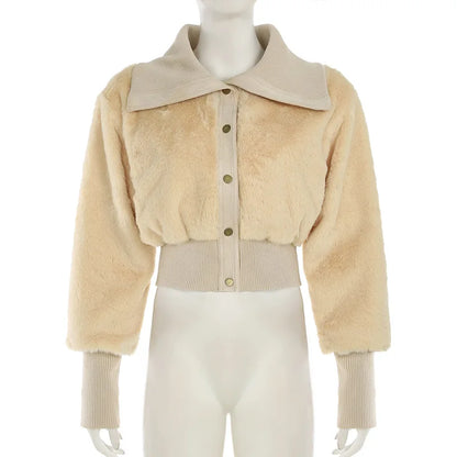 maoxiangshop  -  2024 Winter Faux Fur Patchwork Jackets Women Turn Down Collar Long Sleeve Single Breasted Warm Crop Coats Top Street Outerwear