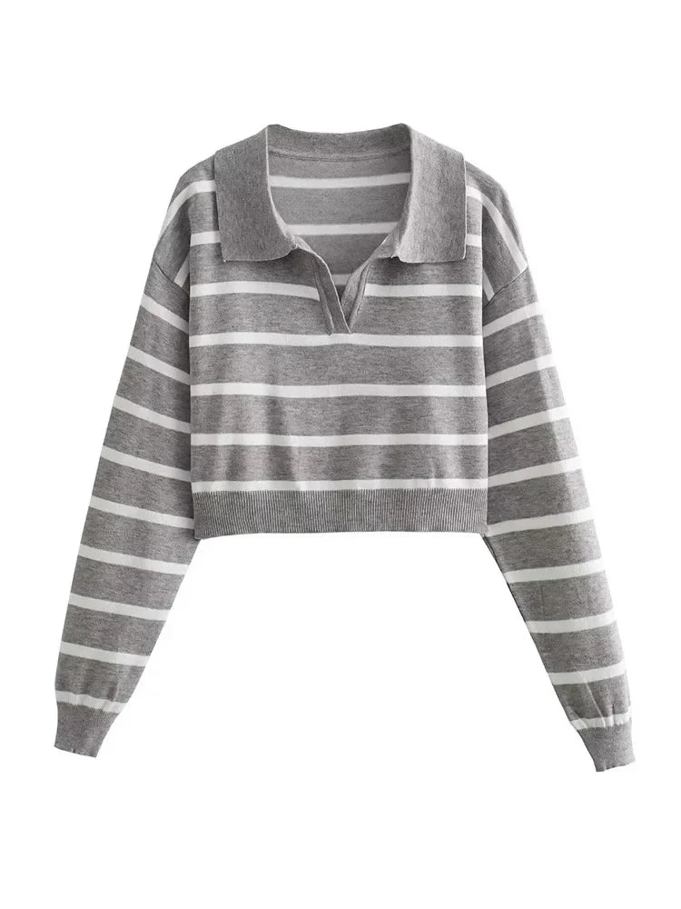maoxiangshop HH TRAF 2023 Autumn Woman Long Sleeve Striped Knitwear Cropped Sweaters for Women Ribbed Knitted Sweater Basic Women's Sweater