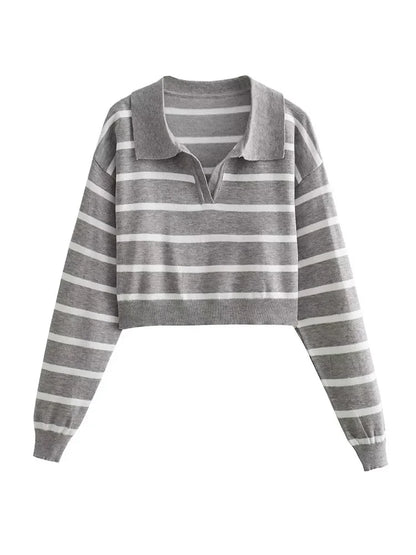 maoxiangshop HH TRAF 2023 Autumn Woman Long Sleeve Striped Knitwear Cropped Sweaters for Women Ribbed Knitted Sweater Basic Women's Sweater