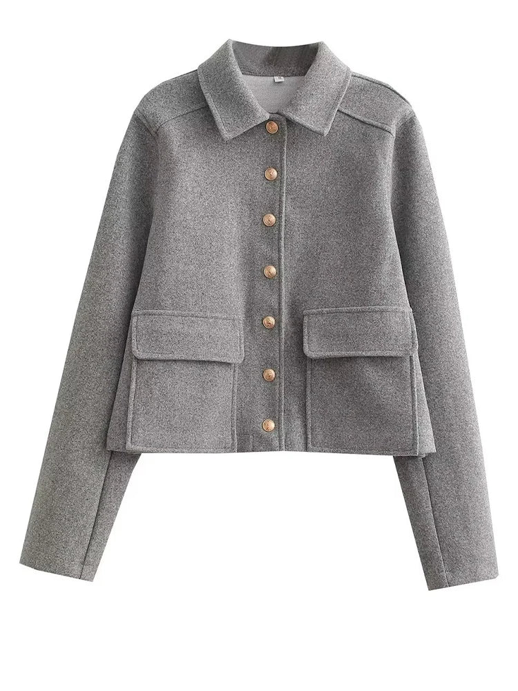 maoxiangshop Autumn Jacket Women Vintage Fashion Metal Button Cropped Coat Female Elegant Casual Long Sleeve Lapel Single Breasted Outerwear