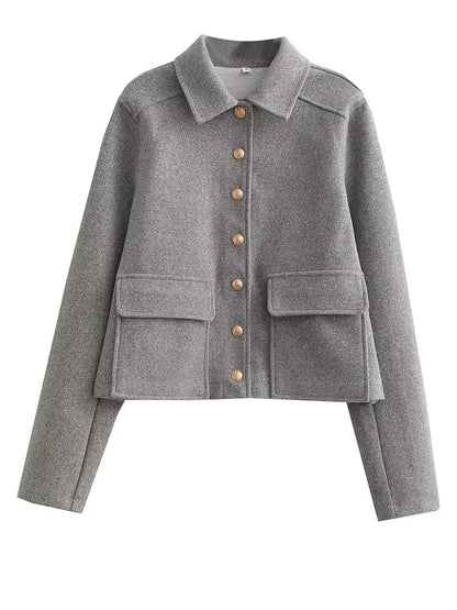 maoxiangshop Autumn Jacket Women Vintage Fashion Metal Button Cropped Coat Female Elegant Casual Long Sleeve Lapel Single Breasted Outerwear