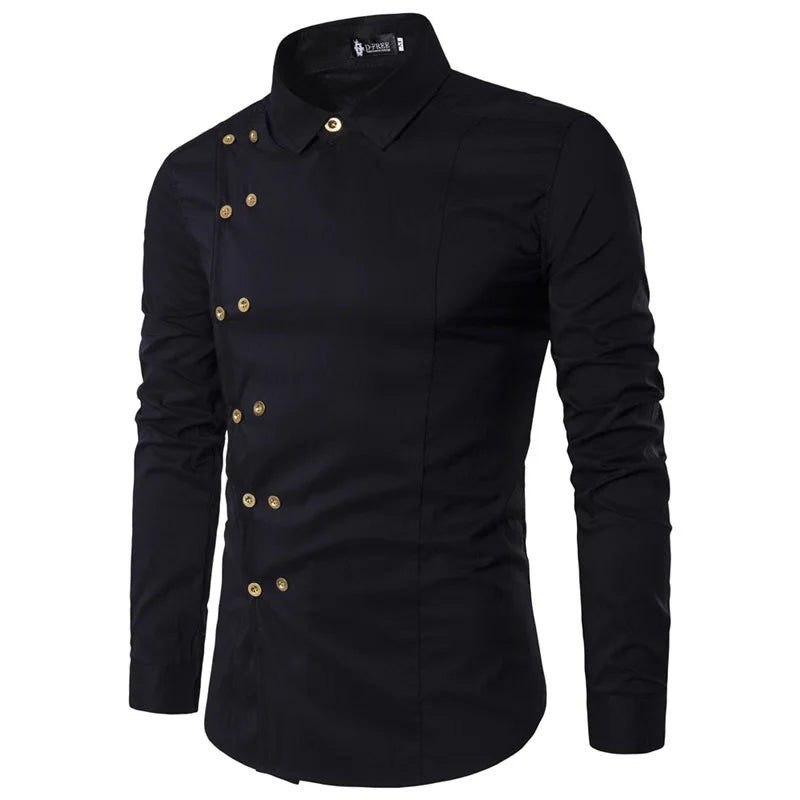 maoxiangshop Men's Diagonal Placket Double Breasted Slim Fitting Fashion Long Sleeved Shirt