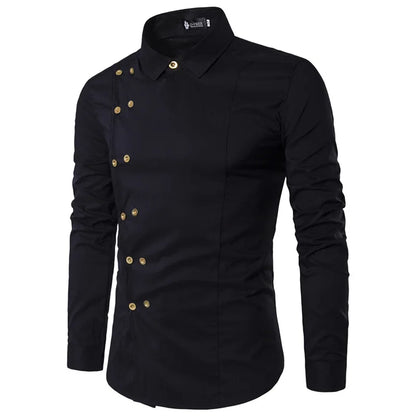 maoxiangshop Men's Diagonal Placket Double Breasted Slim Fitting Fashion Long Sleeved Shirt