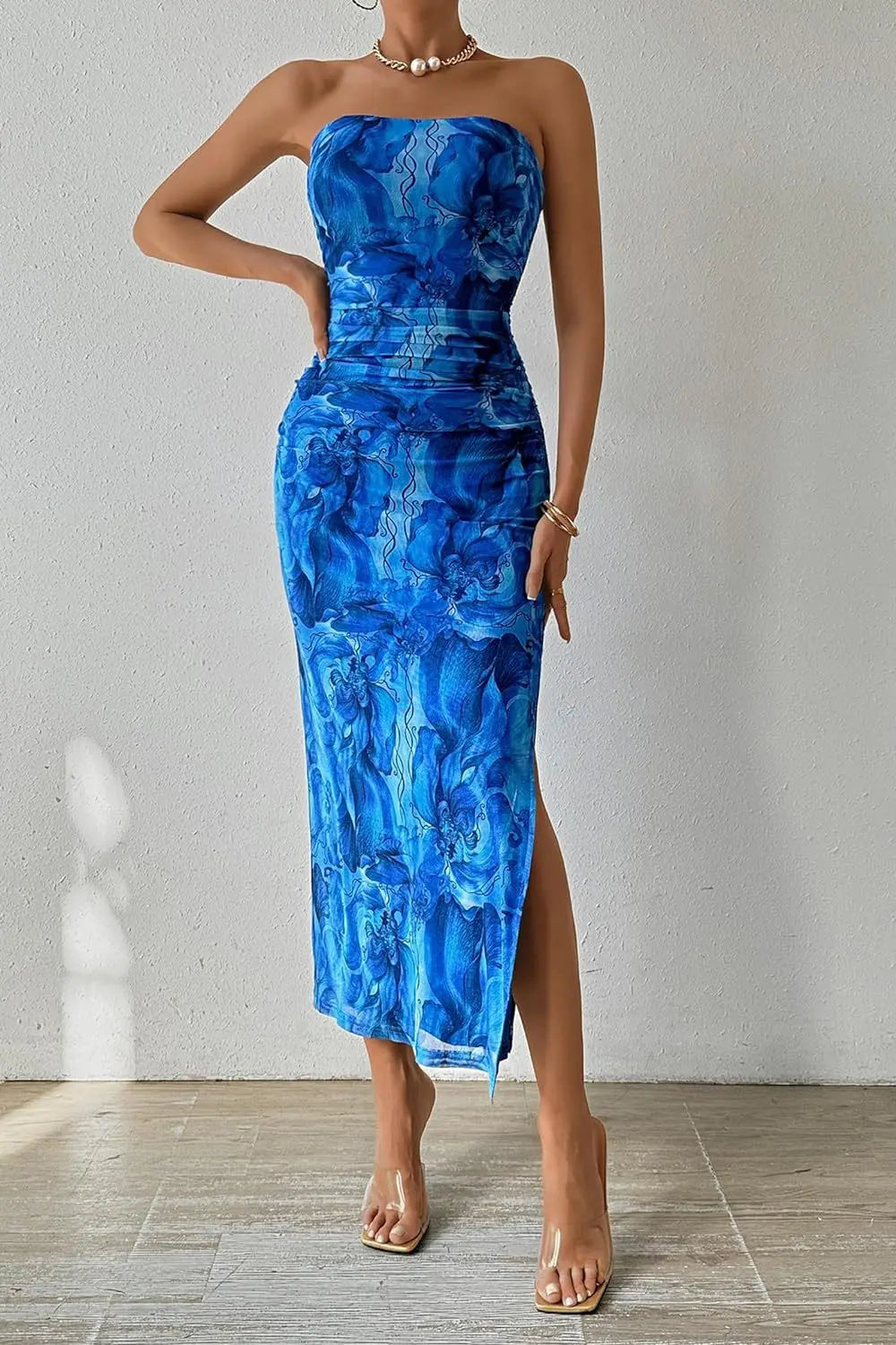 maoxiangshop Summer Women Sexy Chestless Hem Slit Sleeveless Printed Dress