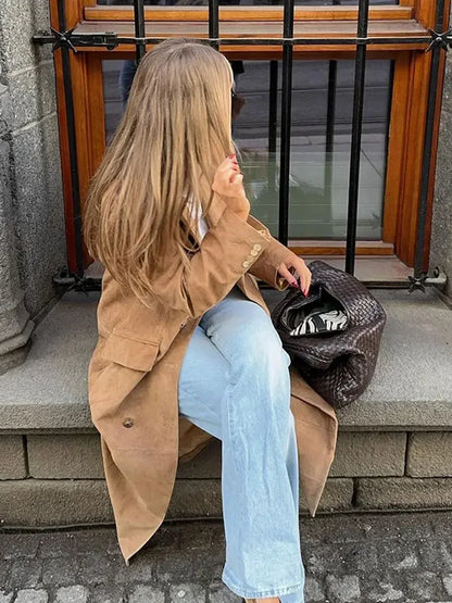 maoxiangshop  -  Women Fashion Solid Long Windbreaker Jacket Casual Lapel Double Breasted With Pocket Coat 2024 Autumn Winter Commute Outcoat