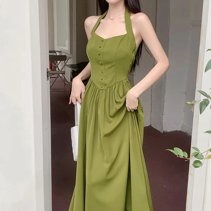 maoxiangshop-Women's elegant dress 2024 Spring Festival new Europe and the United States tied avocado color neck A pendulum long skirt