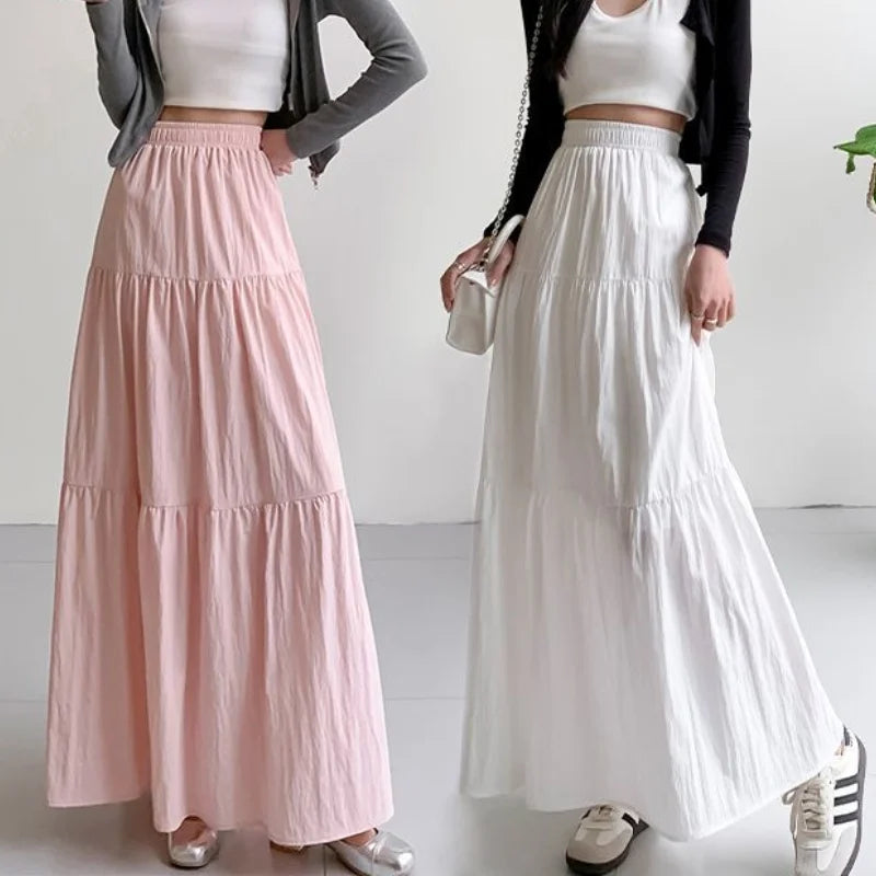 maoxiangshop Women Sweet Cake Skirt Summer Trend High Waist Pleated Skirt Casual Elegant All-Match Solid A-line Big Swing Double Layer Skirt