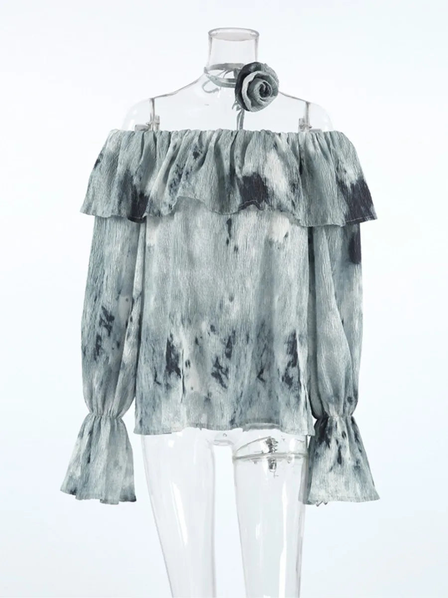 maoxiangshop  -  Ink Print Tie Dye Long Sleeve 2024 New Sexy Off Shoulder Flare Sleeve T-shirt Women Autumn Casual Elegant Flower Lace-up Tees