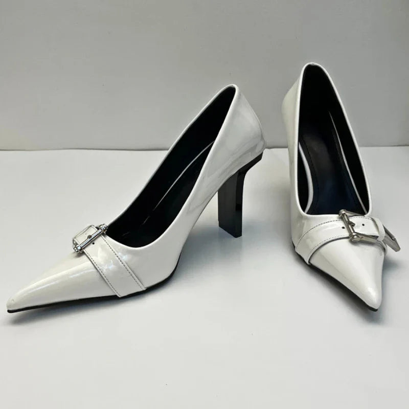 maoxiangshop  -  Patent Leather Sexy High Heels Women Metal Buckle Pointed Designer Pumps Female 2024 Fall Fashions Elegant Office Women Shoes