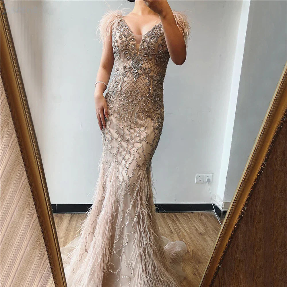 maoxiangshop Luxury Dubai Arabic Women Sequined Midi Evening Dress Prom Gowns Feathers Elegant Beading Wedding Formal Party Vestidos