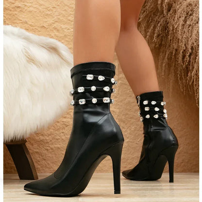 maoxiangshop  -  Fashion Crystal Diamond Ankle Boots Women Spring Winter Sexy Pointed Toe Thin High Heels Zip Soft Leather Chelsea Botas Mujer