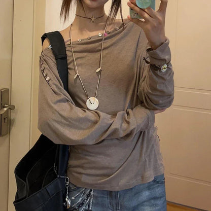 maoxiangshop  -  Y2k Aesthetic Slash Neck Sexy Tshirts Women Harajuku Vintage Button Slim Fit Streetwear Tees 2024 Autumn Grunge Solid T Shirt