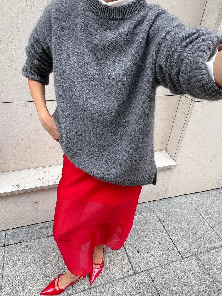 maoxiangshop  -  Women Gray Knitted Sweater Fashion O-neck Long Sleeve Basic Casual Pullover Top 2024 Autumn New Female Commuting Knitwear