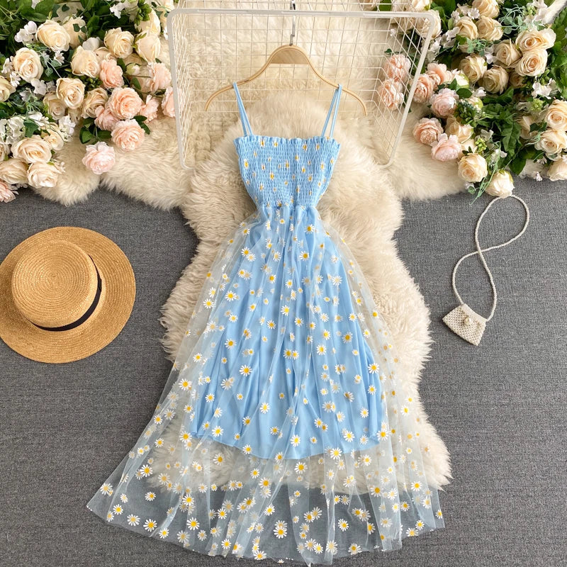 maoxiangshop Black Women Dress Basic Floral Print Spaghetti Strap Long Dress Korean Sundress