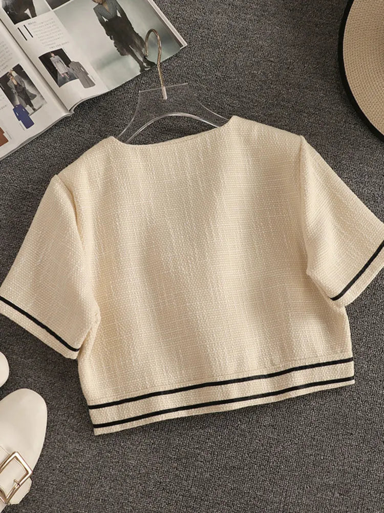 Streetwear Fashion Summer Two Piece Set Women Crop Top Shirt Blouse + Wide Leg Pant Suits Vintage Jacket Coat Pants 2 Piece Set