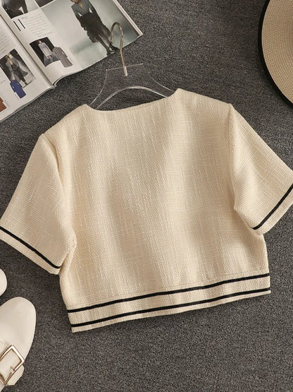 Streetwear Fashion Summer Two Piece Set Women Crop Top Shirt Blouse + Wide Leg Pant Suits Vintage Jacket Coat Pants 2 Piece Set