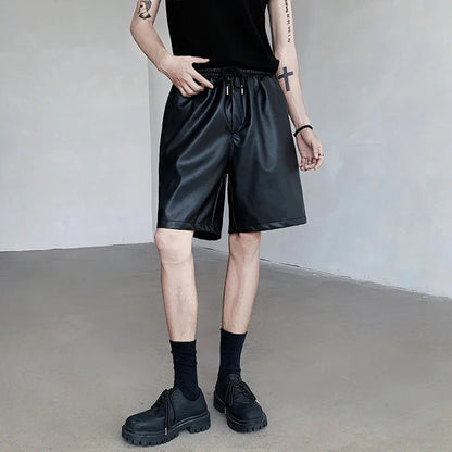 maoxiangshop Summer Leather Shorts Men Fashion Black Motorcycle Shorts Mens Streetwear Hip-hop Loose Leather Shorts Men Casual Shorts M-2XL