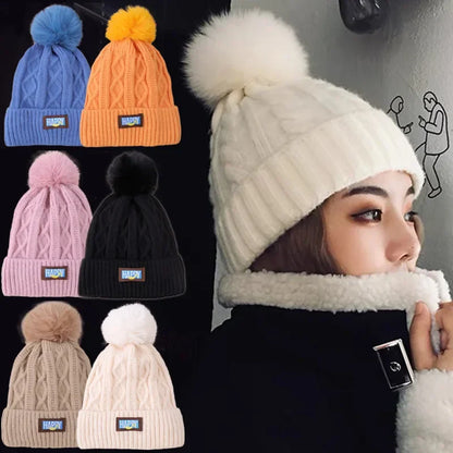 maoxiangshop thicken Fur Pom Knitted Beanies Hat Female Plush Winter Fleece-lined Warm Hats for Women Girl's Outdoor Woolen Thermal Gorro Cap