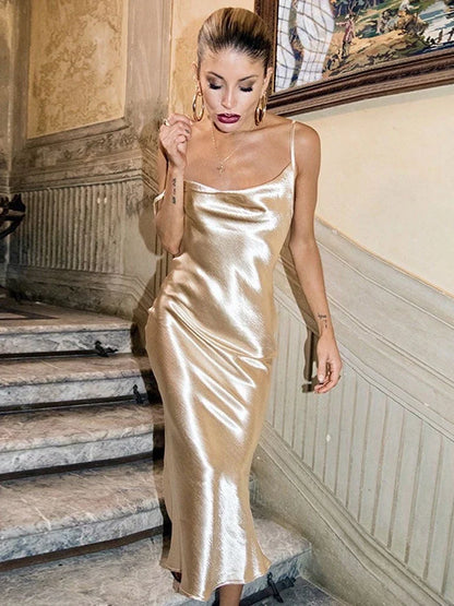 Coquette Sexy Spaghetti Strap Summer Dress Women Elegant  Lace Up Long Satin Party Dresses Evening Trumpet Prom Gown