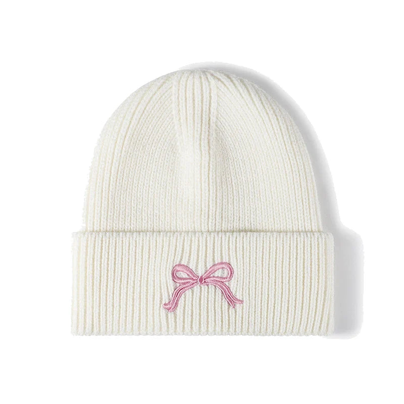 maoxiangshop  -  Winter Knitted Hat for Women Girls Bow Embroidery Woolen Beanies Korean Y2K Bowknot Hip Hop Caps Thick Elastic Ear Warmer Bonnet