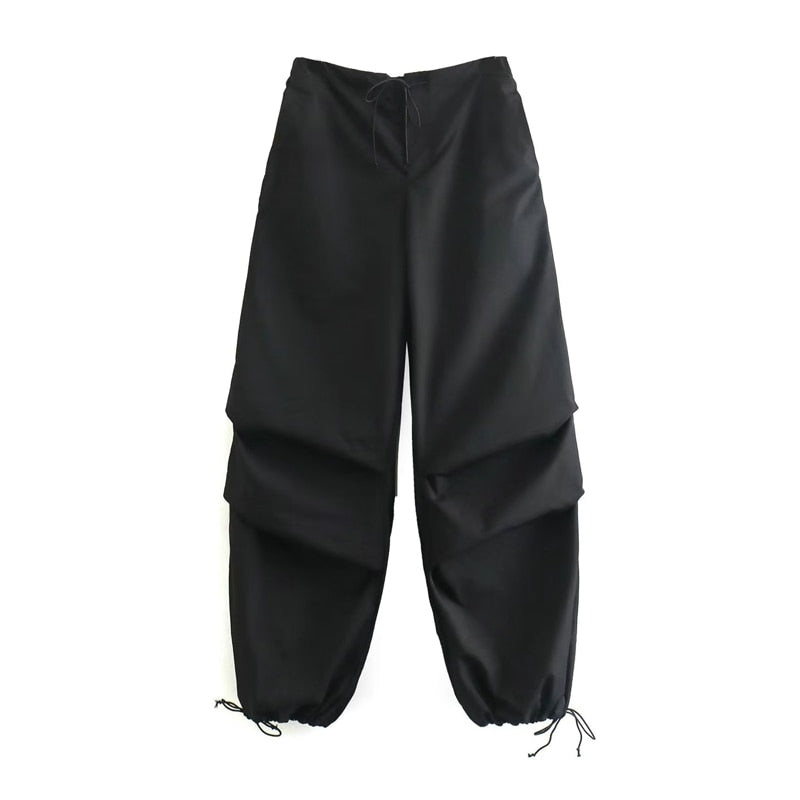 Women Fashion Parachute Pants Casual Cargo Pants Low Waist Drawstring Streetwear Baggy Trousers Y2k Pleat Jogging Sweatpants