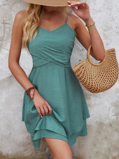 maoxiangshop Sexy Short Dresses For Women Summer Casual Slim Backless Holiday Beach Sundress Fashion Green V Neck A-line New In Dresses