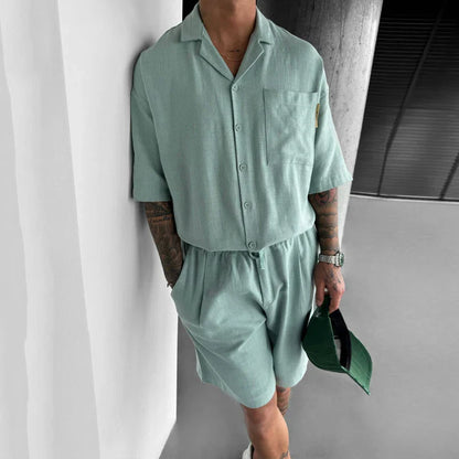maoxiangshop Streetwear Vintage Mens Shirts Two Piece Outfits Fashion Solid Color Suits Loose Pocket Short Sleeve Shirt And Shorts Men Sets