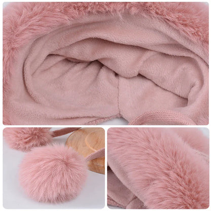 maoxiangshop  -  Winter Pompoms Hat for Women Plush Lining Thickened Warm Knit Beanies Bonnet Outdoor Windproof Ear Protection Skiing Woolen Caps