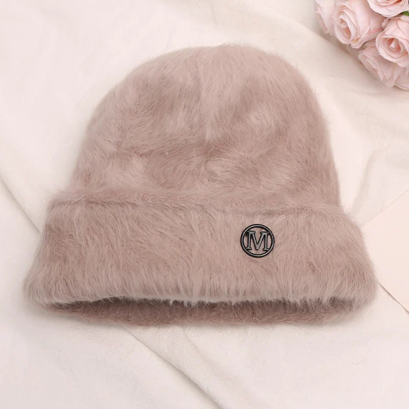 maoxiangshop New Fashion Rabbit Fur Y2k Beanies for Women Soft Warm Fluffy Angola Winter Hat Female Windproof Bonnet Hat Skullies Cap